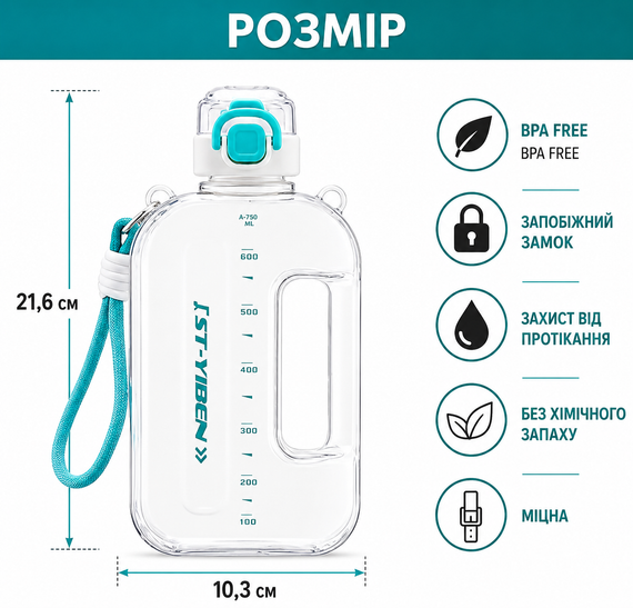 Спортивная бутылка ST-YIBEN (750 мл) - Эко-пластик BPA-free, Белая с бирюзовыми акцентами | Зображення 2