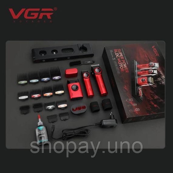 Профессиональный барберский набор VGR Stepless Pro 3 in 1 RED - машинка, триммер, электробритва (BLDC, LED-дисплей) | Зображення 1