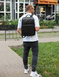 Классический мужской рюкзак из кожи 42х30х16, практичный аксессуар для ноутбука и документов, черный | Зображення 3