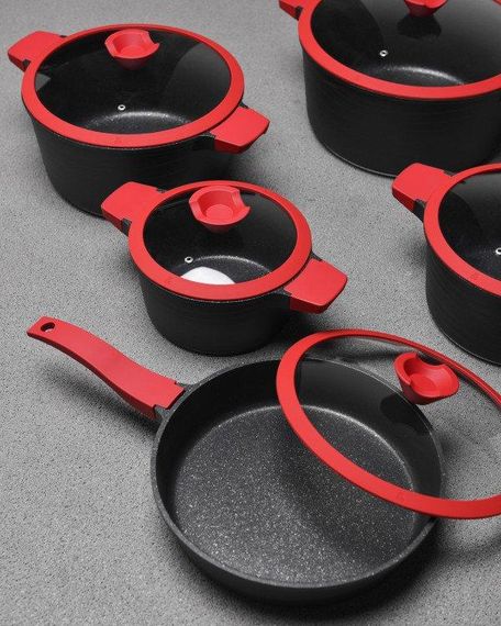 Набір каструль та сковорода індукція та газ 10 предметів скляна кришка | Зображення 3