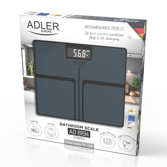 Весы напольные электронные стеклянные аккумуляторные Adler AD 8194 stripes до 180 кг с высокой точностью | Зображення 9