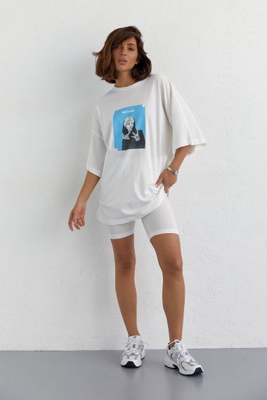 Костюм с футболкой oversize и велосипедками - молочный цвет, S (есть размеры)