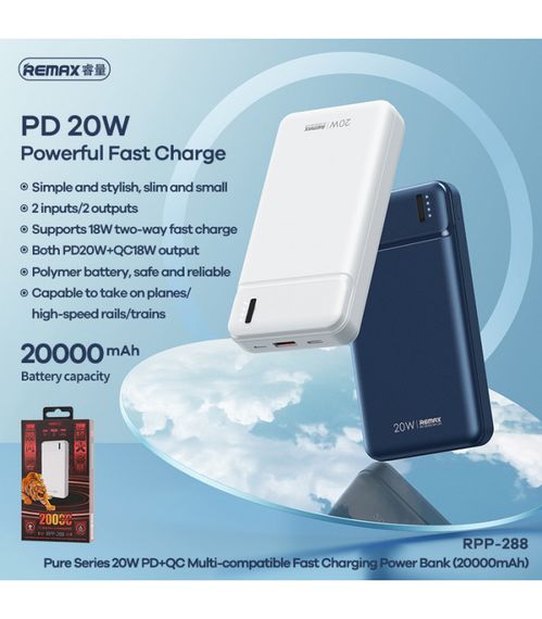 УМБ Повербанк (Power bank) Remax Pure Series 20Вт + 18Вт PD+QC 20000 мАг Білий (RPP-288) | Зображення 1