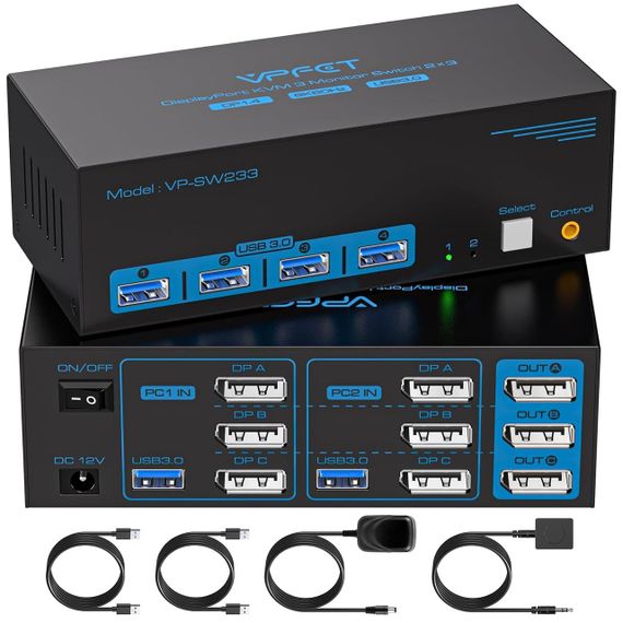 KVM-переключатель 8K @ 60Hz DisplayPort для 2 ПК и 3 мониторов, USB 3.0, 4 порта, поддержка Multi-Screen