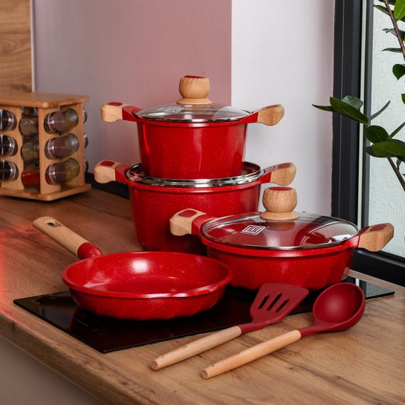 Набор посуды, 3 кастрюли, толстодонное алюминиевое дно MGC с лопаткой и половником, красный HP-4-401R | Зображення 3