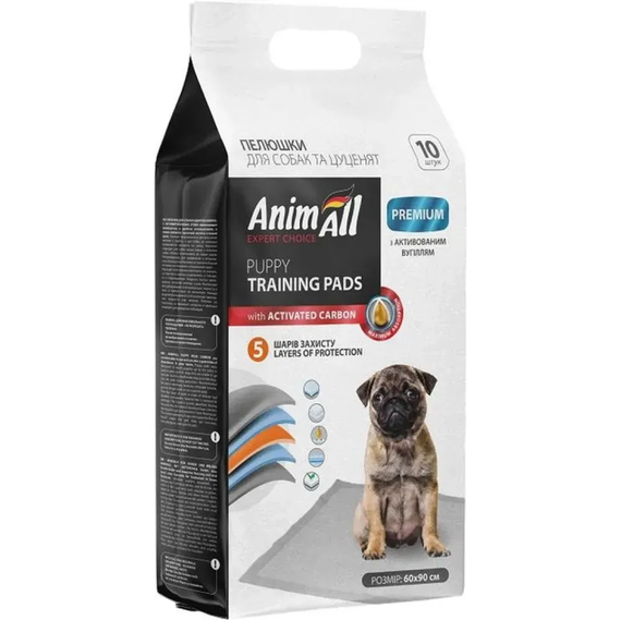 Пелюшки AnimAll Puppy Training Pads для собак і цуценят, з активованим вугіллям 60×90 см, 10 штук