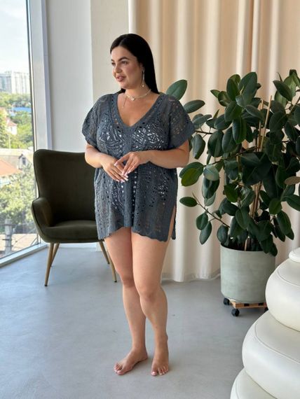 Пляжна коротка сіра туніка PLUS SIZE тоненька в'язка | Зображення 6