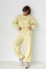 Спортивний костюм із плюшевим начісом з коротким світшотом та штанами палаццо - лимонний цвет, M/L (є розміри)
