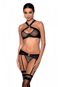 Сетчатый набор бюстгальтер, трусики и пояс для чулок Passion Amanda Set, Черный, S, M, S/M, Маленький размер