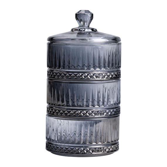 Цукерниця трирівнева скляна з кришкою Ø 10 см Сіра HP-YH-76 | Зображення 1