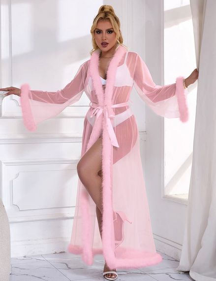 Рожевий сексуальний довгий халатик у сіточку Star Night з обробкою з хутра під норку та поясом, M sexstyle