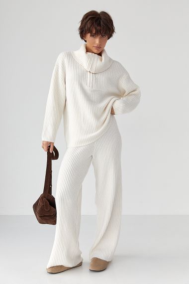 В'язаний костюм із широкими штанами та светром на блискавці - молочний цвет, ONE SIZE (є розміри)