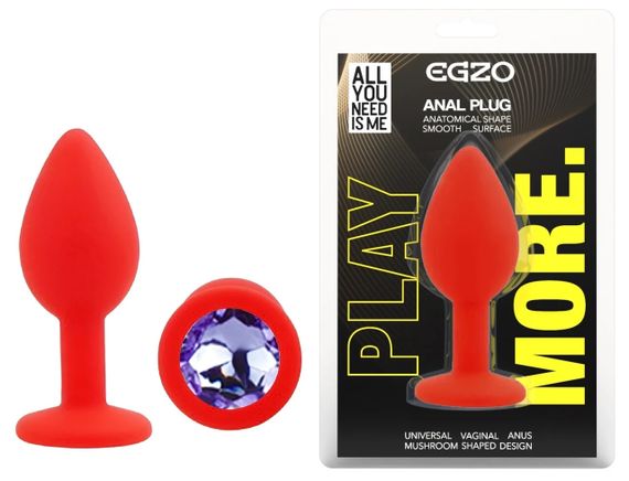 Анальна пробка EGZO Red Round Plug S з кристалом, червона, виготовлена з гладкого силікону Sex Aura