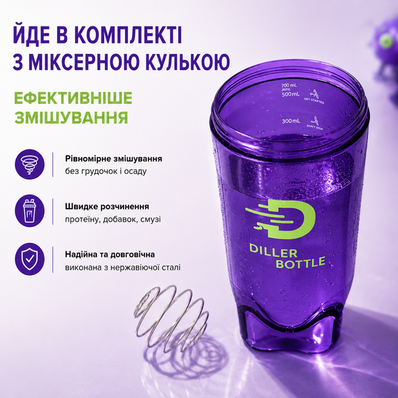Тритановый шейкер Diller Bottle 700 мл с металлическим шариком (BPA Free) фиолетовый | Зображення 5