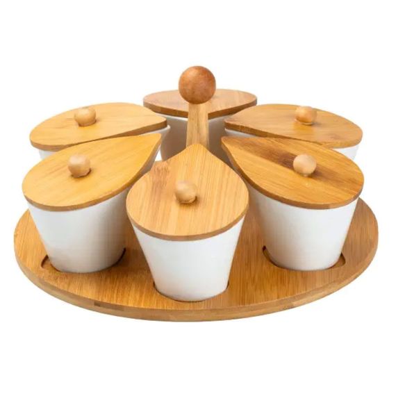 Набір порцелянових баночок для сипучих продуктів 6 штук по 100 мл на бамбуковій підставці HP258 | Зображення 1