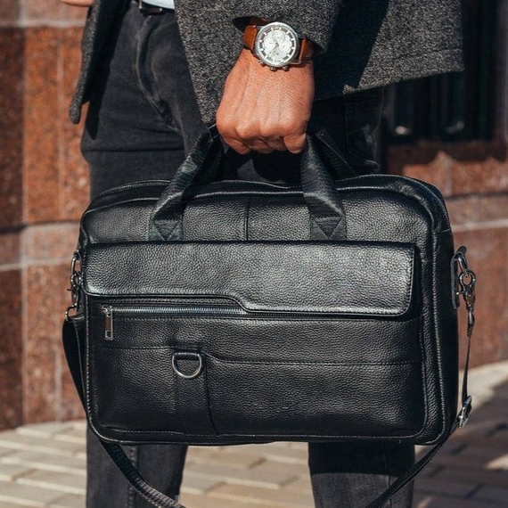 Шкіряна чоловіча сумка-портфель для документів та ноутбука чорна MK39848 | Зображення 7