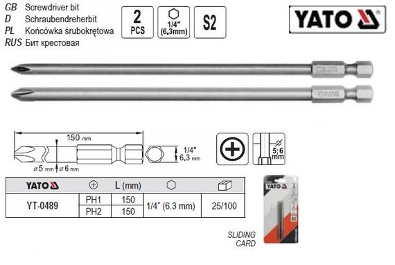 Набор насадка отвертки бита PH 1/2х150 мм 2 штуки Польша YATO YT-0489 | Зображення 2