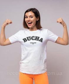 Футболка жіноча із патріотичним принтом "Bucha Ukraine 1901" біла