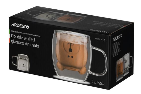 Набор чашек с ручками Ardesto Animals с двойными стенками, 250 мл, 2 шт, боросиликатное стекло (AR2625GHA) | Зображення 2