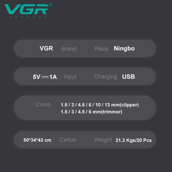 Набір для стрижки VGR 2 в 1 V-600&amp;900 GOLD, машинка для стрижки і тример, 10 насадок, LED дисплей | Зображення 3