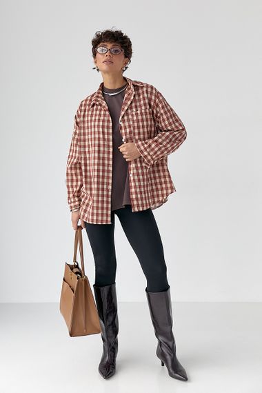 Класична сорочка в дрібну клітинку - коричневий цвет, ONE SIZE (є розміри) | Зображення 2