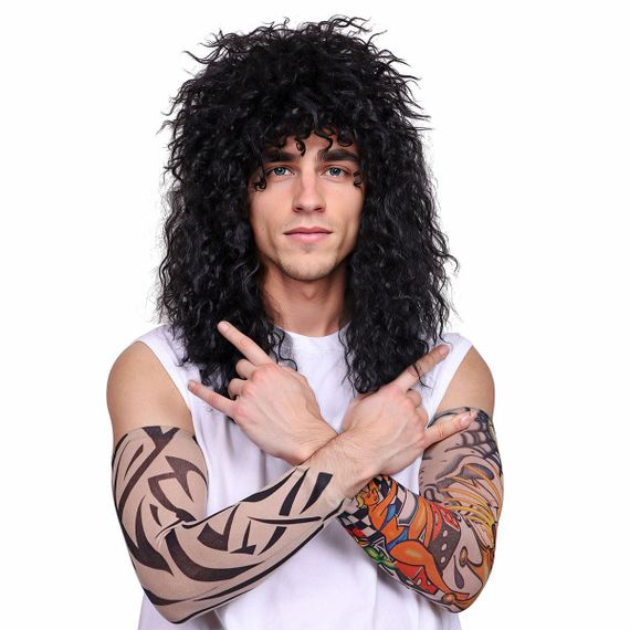 Парик черный кудрявый длинный в стиле рок 80-х, с тату рукавами, для косплей вечеринок смены образа Рок-звезда | Зображення 6