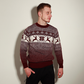 Свитер новогодний с оленями бордовый M XL