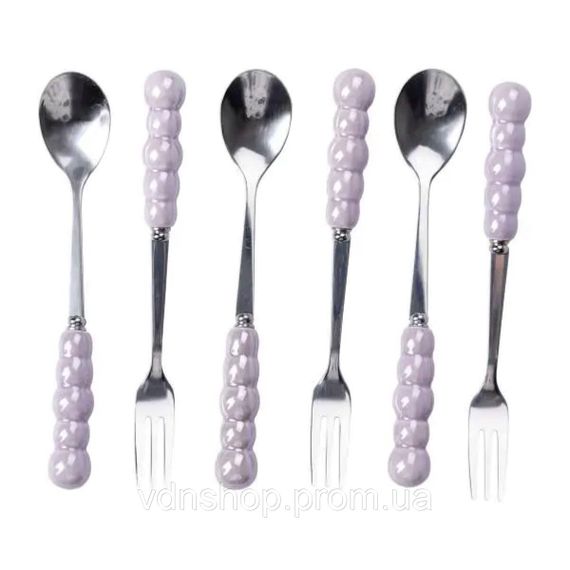 Набор десертных вилок и ложек на 3 персоны с подставкой из фарфора 7 предметов Фиолетовый HP-20-59 | Зображення 3