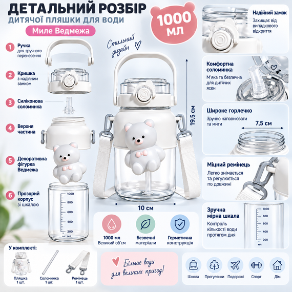 Детская бутылка для воды «Милый Медвежонок» 1000 мл белая с ремешком, соломинкой и трубочкой | Зображення 3