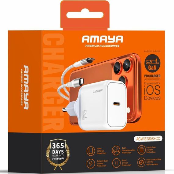 МЗП Amaya E280S PD20W GaN (1USB-C) + кабель Type-C to Type-C White | Зображення 1