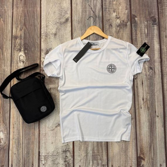 Комплект Stone Island 4 в 1 - футболка шорти кепка сумка, білий з чорним | Зображення 2