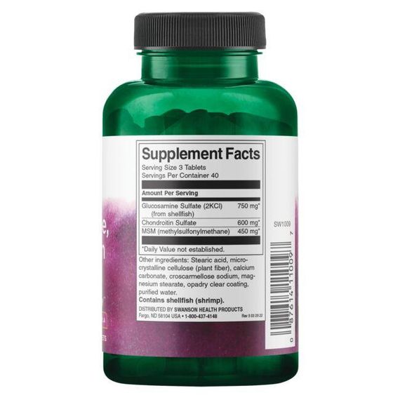 Препарат для суглобів та зв'зок Swanson Glucosamine, Chondroitin & MSM Highest Strength 3-in-1 Formula 120 Tabs | Зображення 1