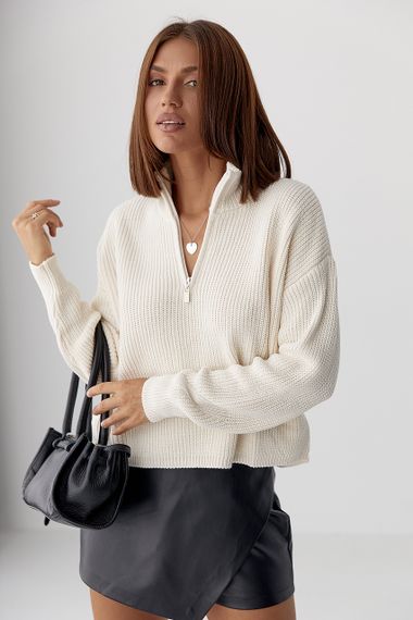 В'язаний светр із блискавкою на горловині - бежевий цвет, ONE SIZE (є розміри) | Зображення 4