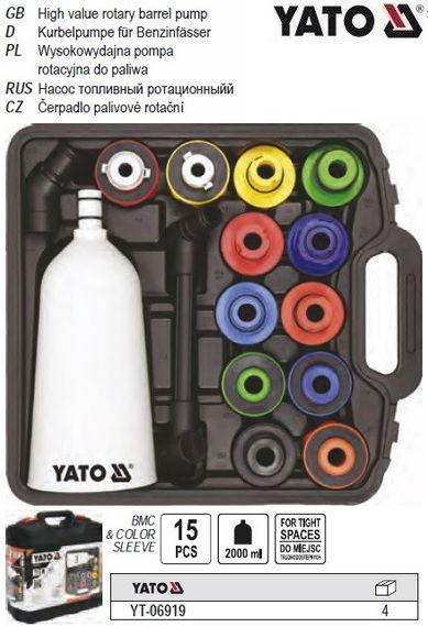 Лійка для затоки оліві в двігуні YATO : V=2 л, з 12 адаптерами; компл. 15 елем. YATO-06919