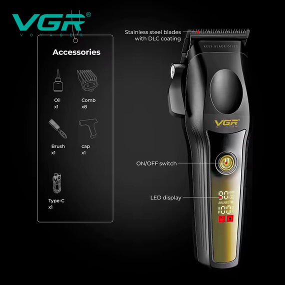 Аккумуляторная машинка для стрижки VGR V-195 GOLD, 8 насадок, 9000 RPM, 2500 mAh, LED дисплей | Зображення 4