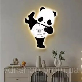 Дитячий настінний годинник зі світлодіодним підсвічуванням у вигляді панди / Декоративний LED-годинник Панда без звуку з м'яким