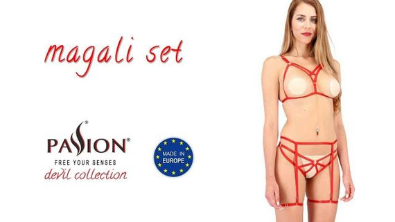 Комплект білизни Passion Exclusive MAGALI SET OpenBra L/XL, red, стрепи, ліф, трусики і пояс sexstyle | Зображення 2