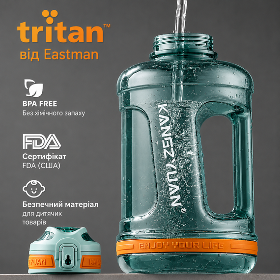 Эко-бутылка KANGZYUAN 1500 мл (1.5 л) - Зеленая Tritan BPA-free, ударопрочная, спортивная с ручкой и ремешком | Зображення 4