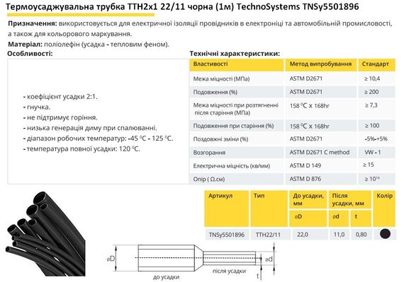 Термоусадочна трубка ТТН2х1 22/11 чорна 1 метр Ny95501896 | Зображення 1