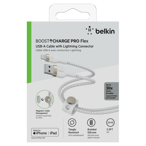 Кабель Belkin USB-A - Lightning плетений, силіконовий, з ремінцем на магніті, 1м, білий (CAA010BT1MWH) | Зображення 1