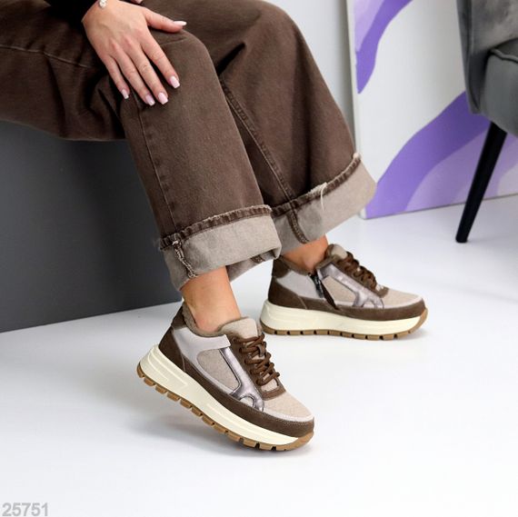 Дизайнерські комбіновані фетрові зимові кавово-бежеві кросівки | Зображення 3
