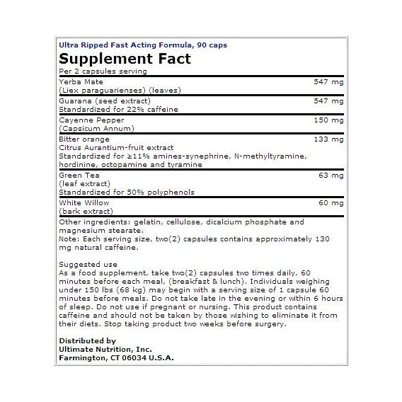 Комплексный жиросжигатель Ultimate Nutrition Ultra Ripped Ephedra Free 180 Caps | Зображення 2