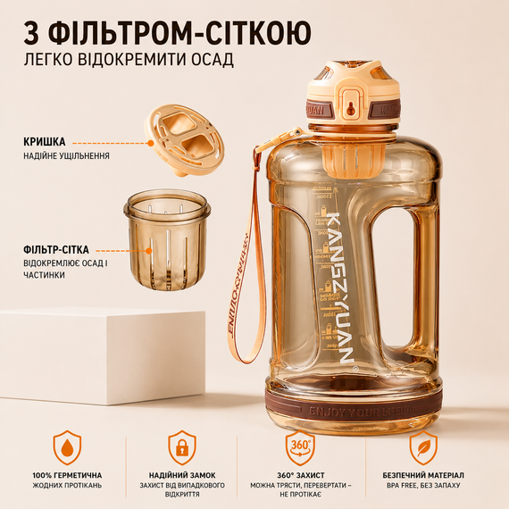 Бутылка для воды KANGZYUAN 1500 мл Tritan BPA Free Оранжевая (с ручкой и ремешком) | Зображення 7