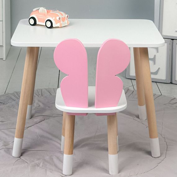 Дитячий прямокутний стіл та стільчик рожевий метелик з білим сидінням. Дитячий  білий столик