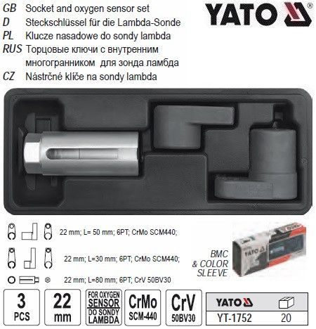 Набор ключ для лямбда-зонда торцевой YATO Польша l=22 мм 3 штуки YT-1752