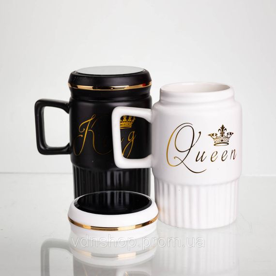 Набір парних порцелянових чашок з кришкою 2 (шт) по 450  (мл) Чорний з білим Yiwu FM-26 | Зображення 2