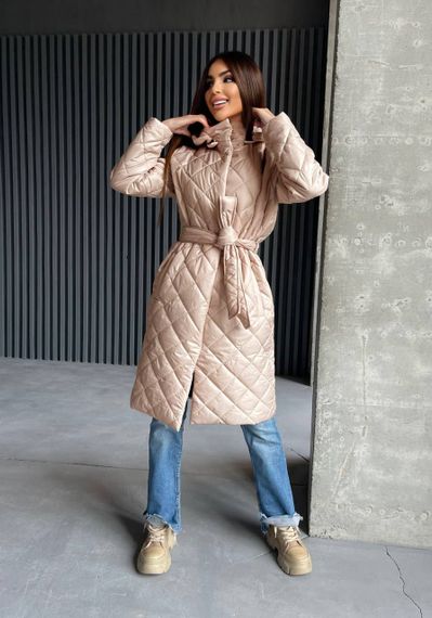 Женская длинная теплая куртка-пальто стеганая силикон 200, NA1044 цвет бежевый, размер 46/48 | Зображення 4
