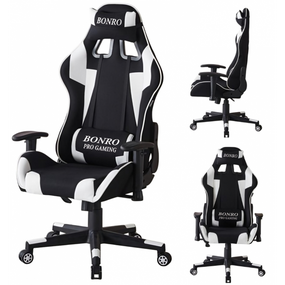 Крісло геймерське з тканини Bonro Бонро B-142 чорно-біле + 2 подушки (42401118)
