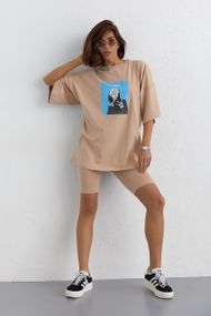 Костюм с футболкой oversize и велосипедками - кофейный цвет, S (есть размеры)