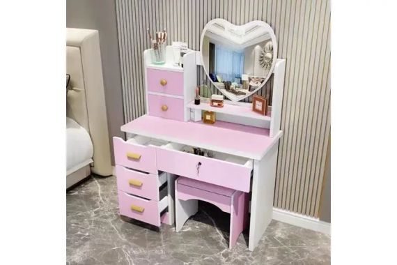 Туалетний столик з LED-дзеркалом у формі серця, пуфиком та висувними ящиками (STL-MD 89) | Зображення 3